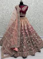 Velvet Peach Dark Pink Bridal Wear Embroidery Work Lehenga Choli